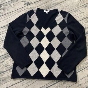 CHARTER CLUB 100% Cashmere Sweater V Neck Black Gray Ombre Argyle  Knit Size L‎